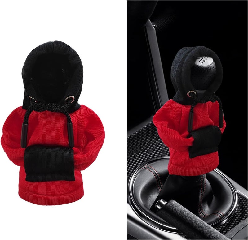 Suvnie Car Gear Shift Cover, Fashionable Hoodie Car Shift Knobs, Novelty Mini Auto Gearshift Decor Sweater Shirt, Universal Car Accessories for Winter Warm Knob Cover (Red & Black) - Image 1